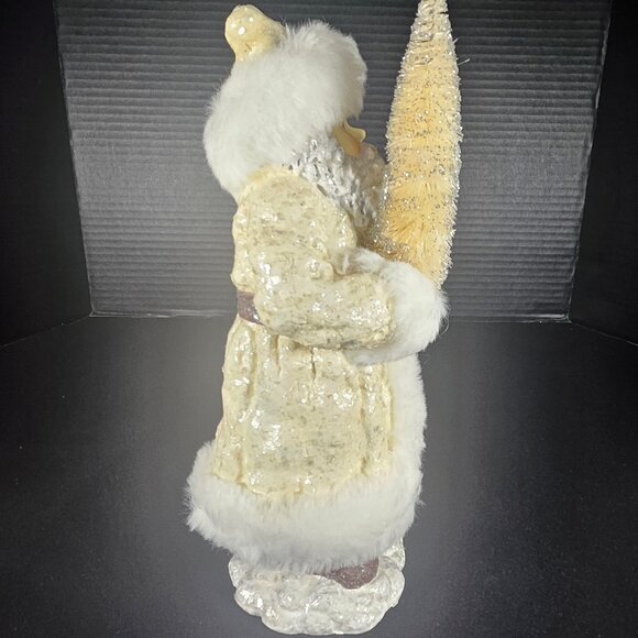 Vintage Ivory Resin Glitter Coat And White Fur Trim Santa Holding An Ivory Tree - Picture 6 of 10